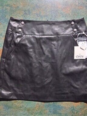 CeCe Black Faux Leather Mini Skirt with Decorative Buttons
